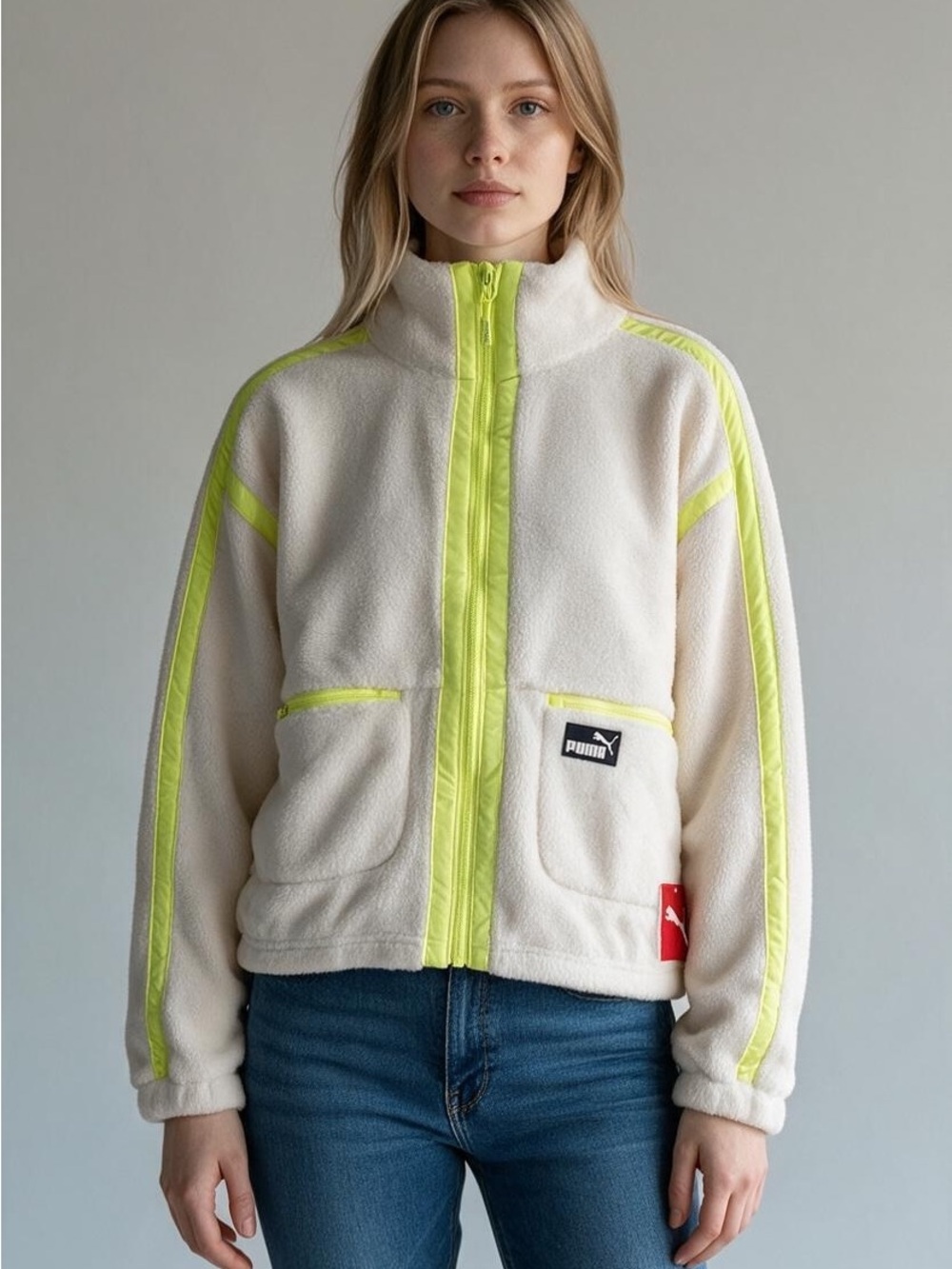 Puma Cream Teddy Jacket with Neon Yellow Trim